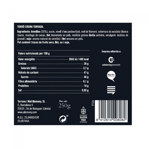 Torró de Crema Torrada Alemany 250g | Informació Nutricional