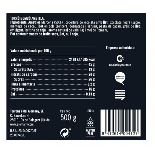 Turrón Chocolate Almendras 500g | Información Nutricional