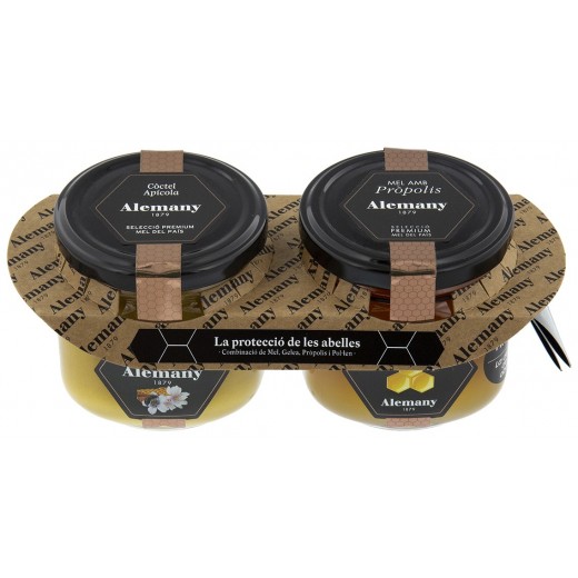 Miel con propóleo 250g y Miel Cóctel Apícola 250g Alemany